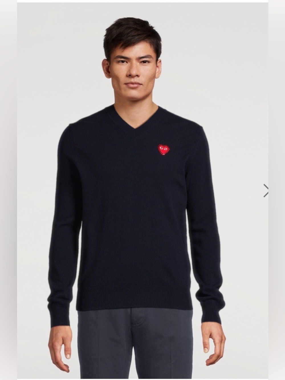 Play Comme des Garcons Men's V-Neck Wool Sweater with Heart Patch Size XL